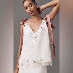 Anthropologie Tie-Strap Crystal Tank Top/Ivory Tank w/ Dusty Rose Tie Straps: M